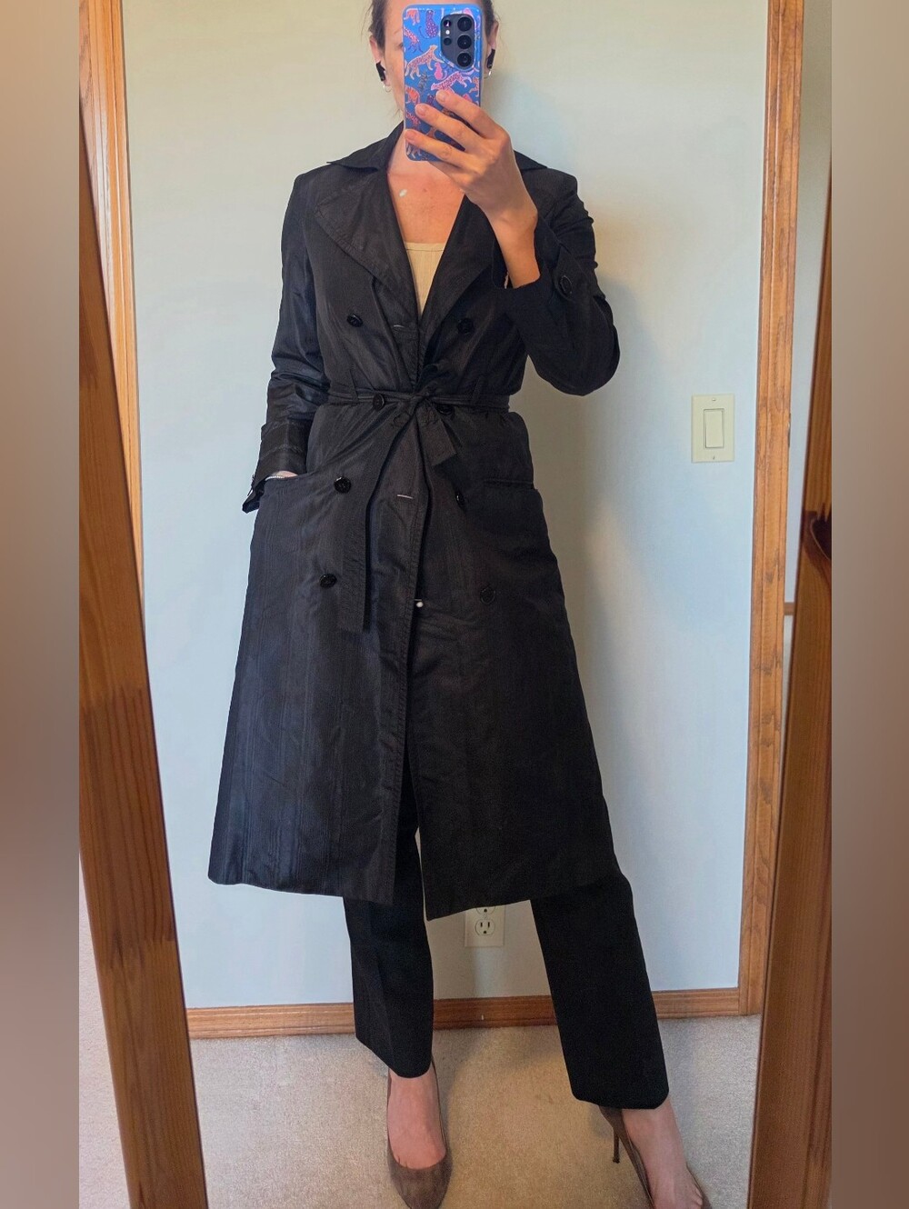 Carolina Herrera 100% Silk Double-Breasted Trench Coat with Belt